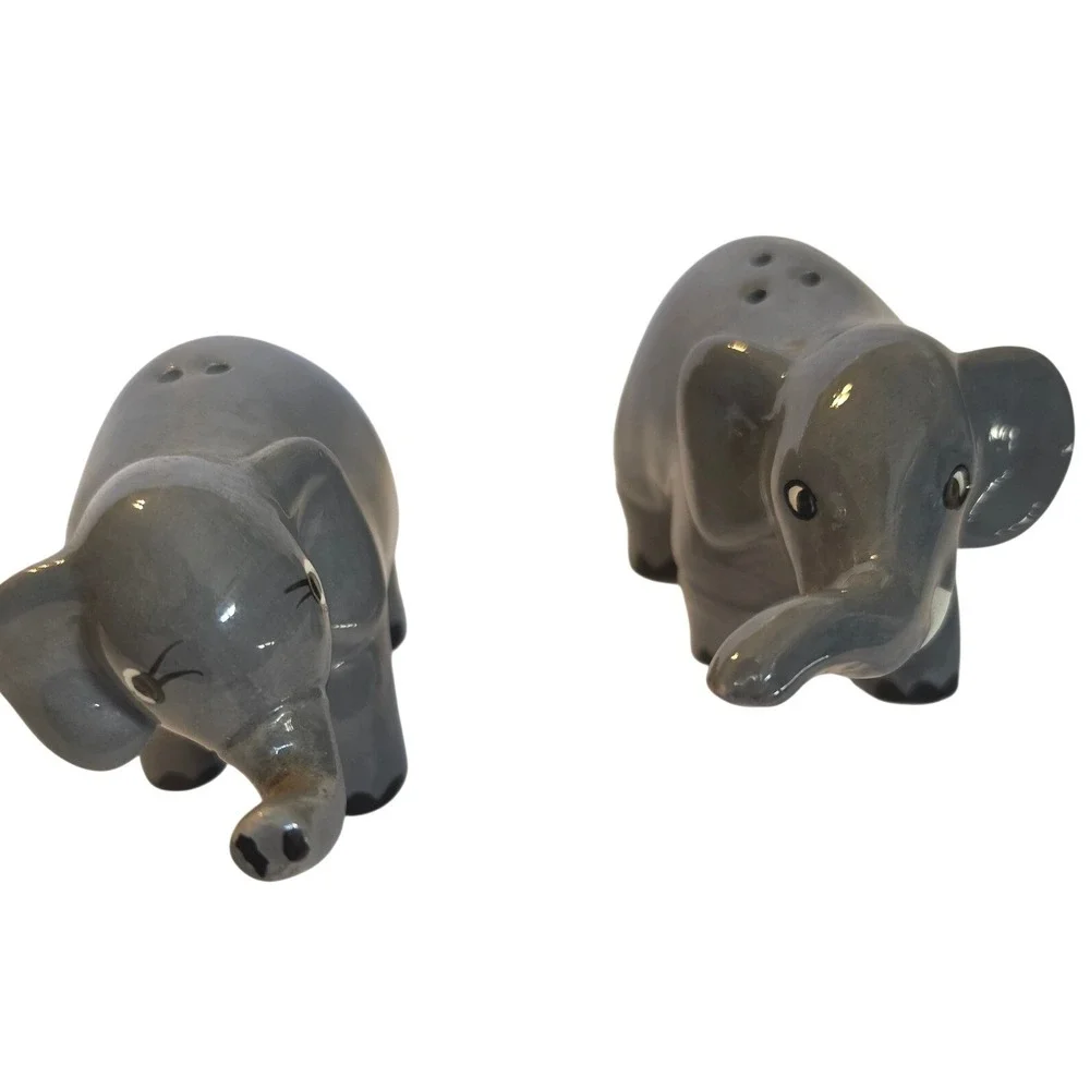 Vintage Grey Ceramic Elephant Salt and Pepper Shakers Set Glossy Animal Decor